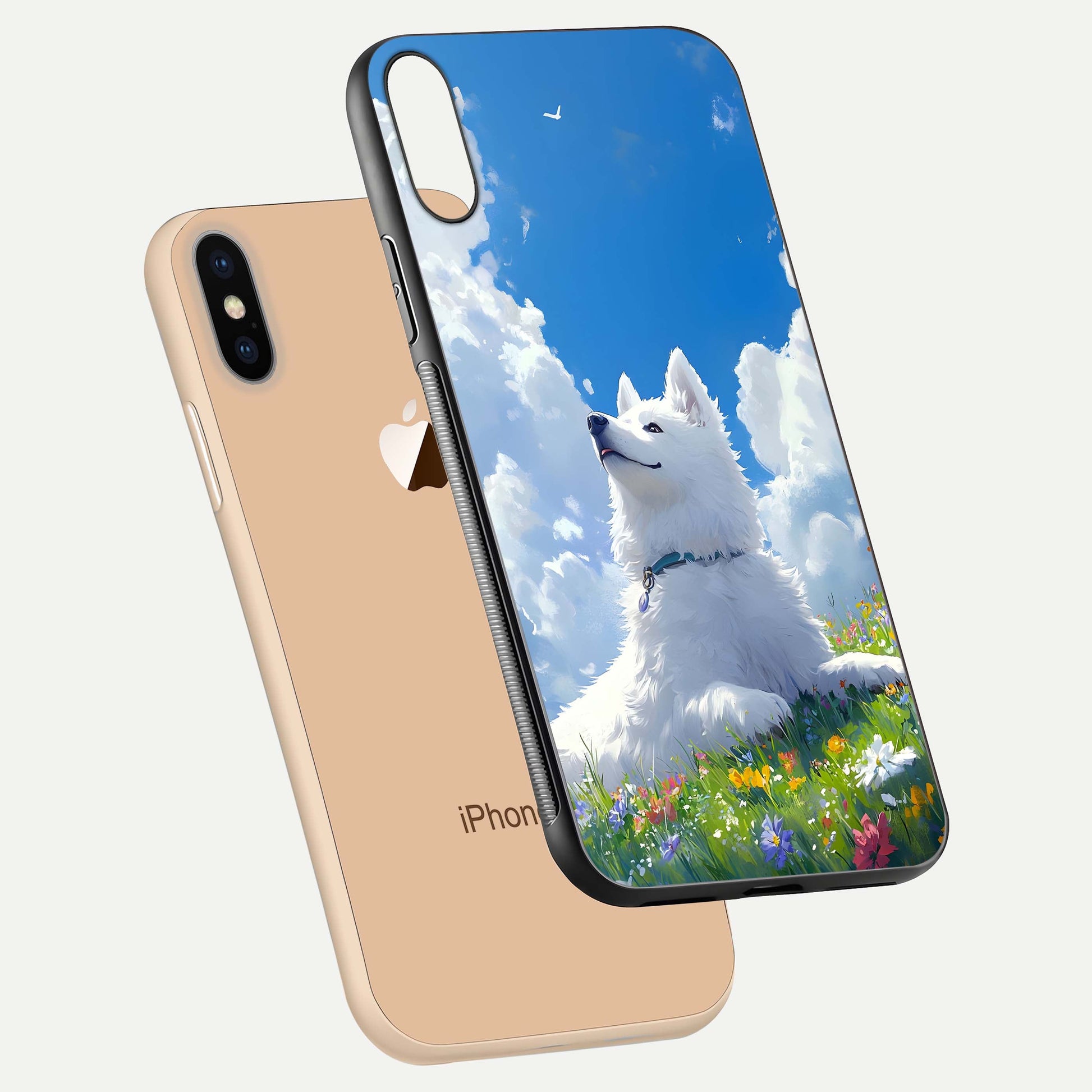 Blissful Cloud Pup Glass Case for iPhone Xs floating mockup capturing playful aesthetic and gloss finish