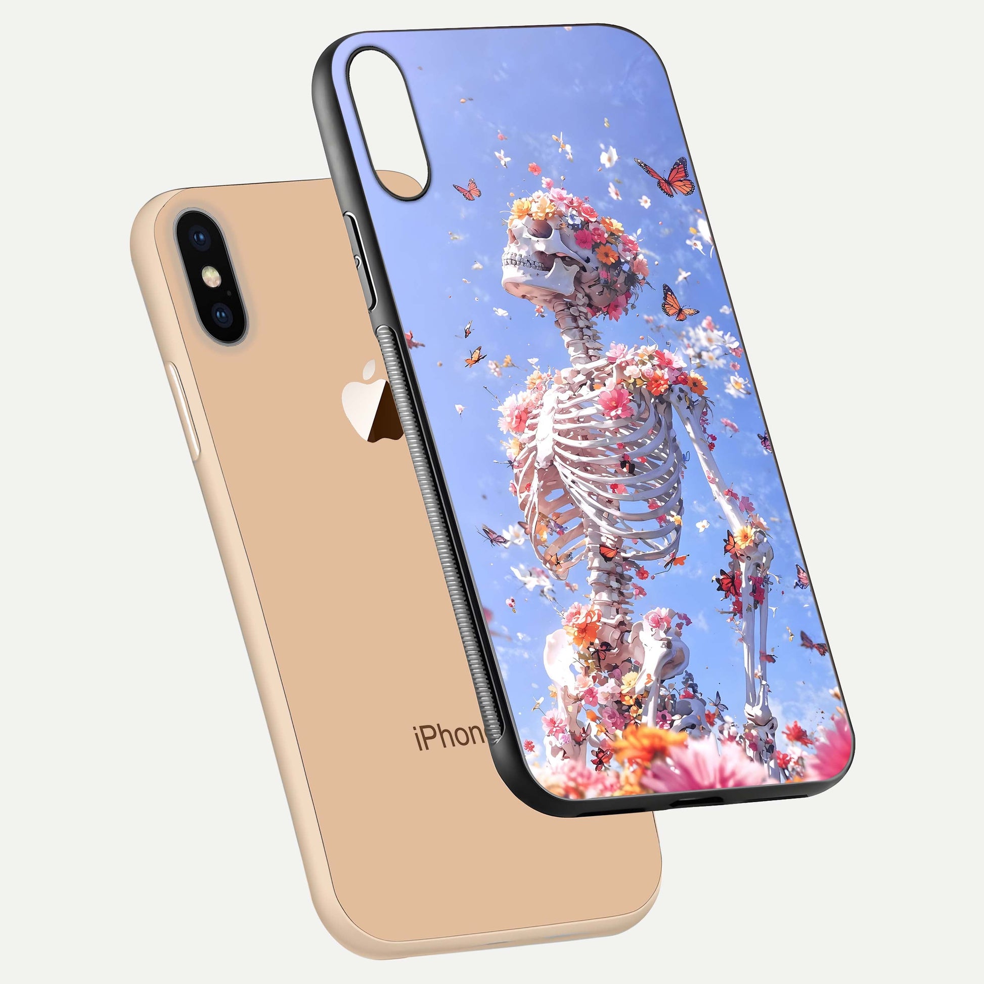 Bloom Beyond Bones Glass Case for iPhone Xs floating mockup displaying shine, texture, and gloss detail
