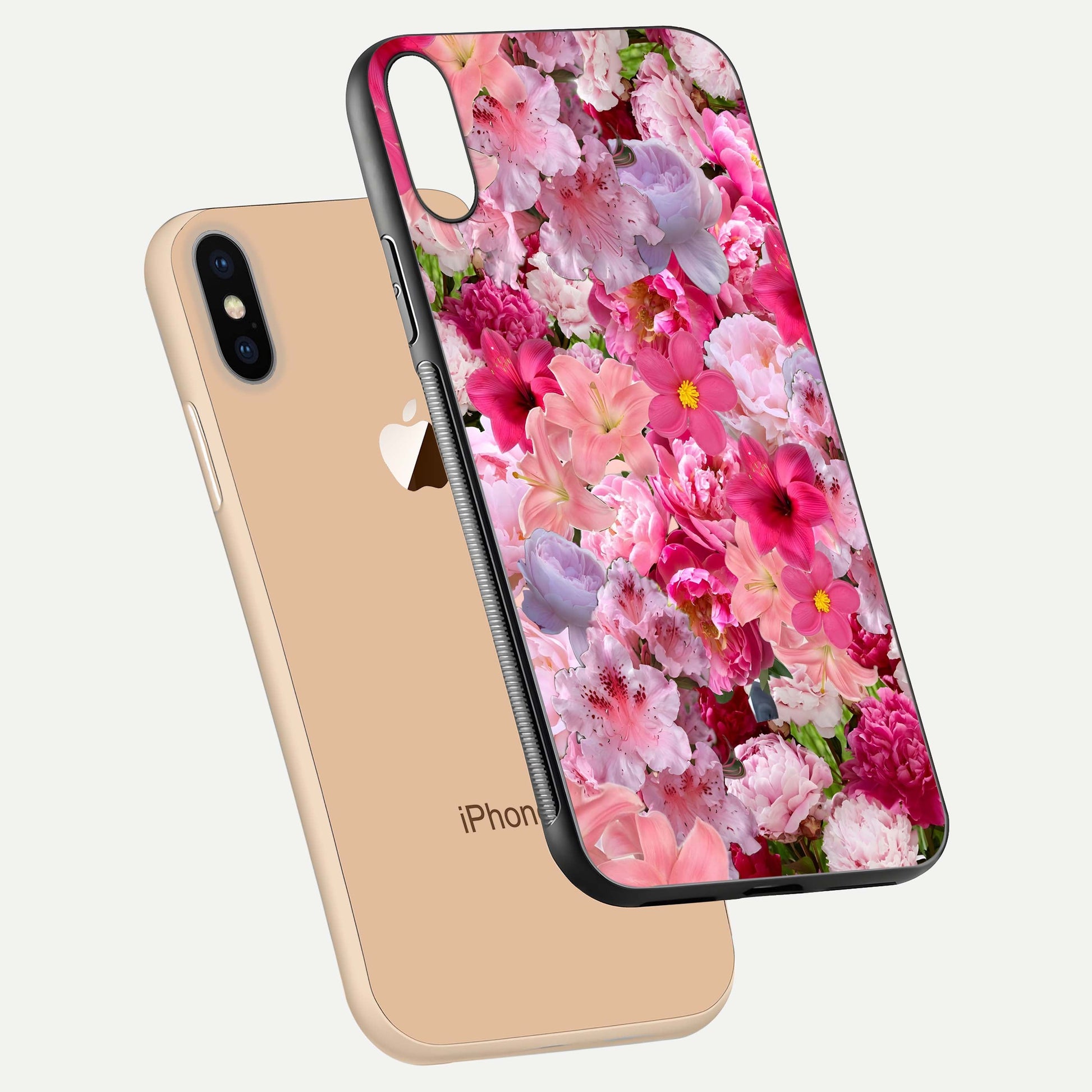 Bloom Crush Fantasy Glass Case for iPhone Xs floating mockup showing floral pattern clarity and HD glass