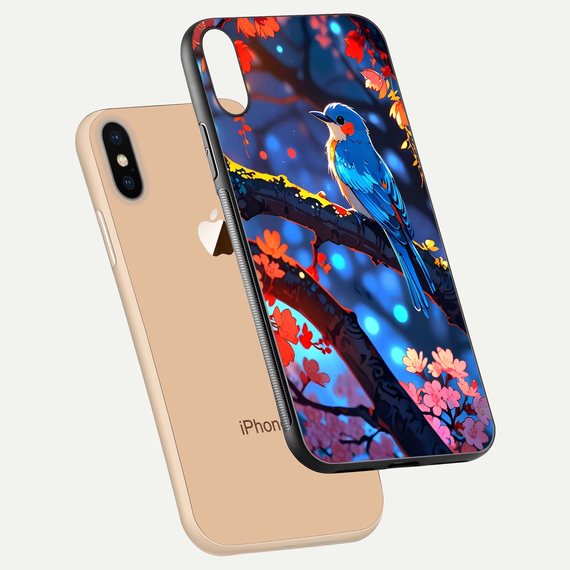 Blooming Spendor Bird Glass Case for iPhone Xs floating dual-mockup capturing gloss tone and curved texture