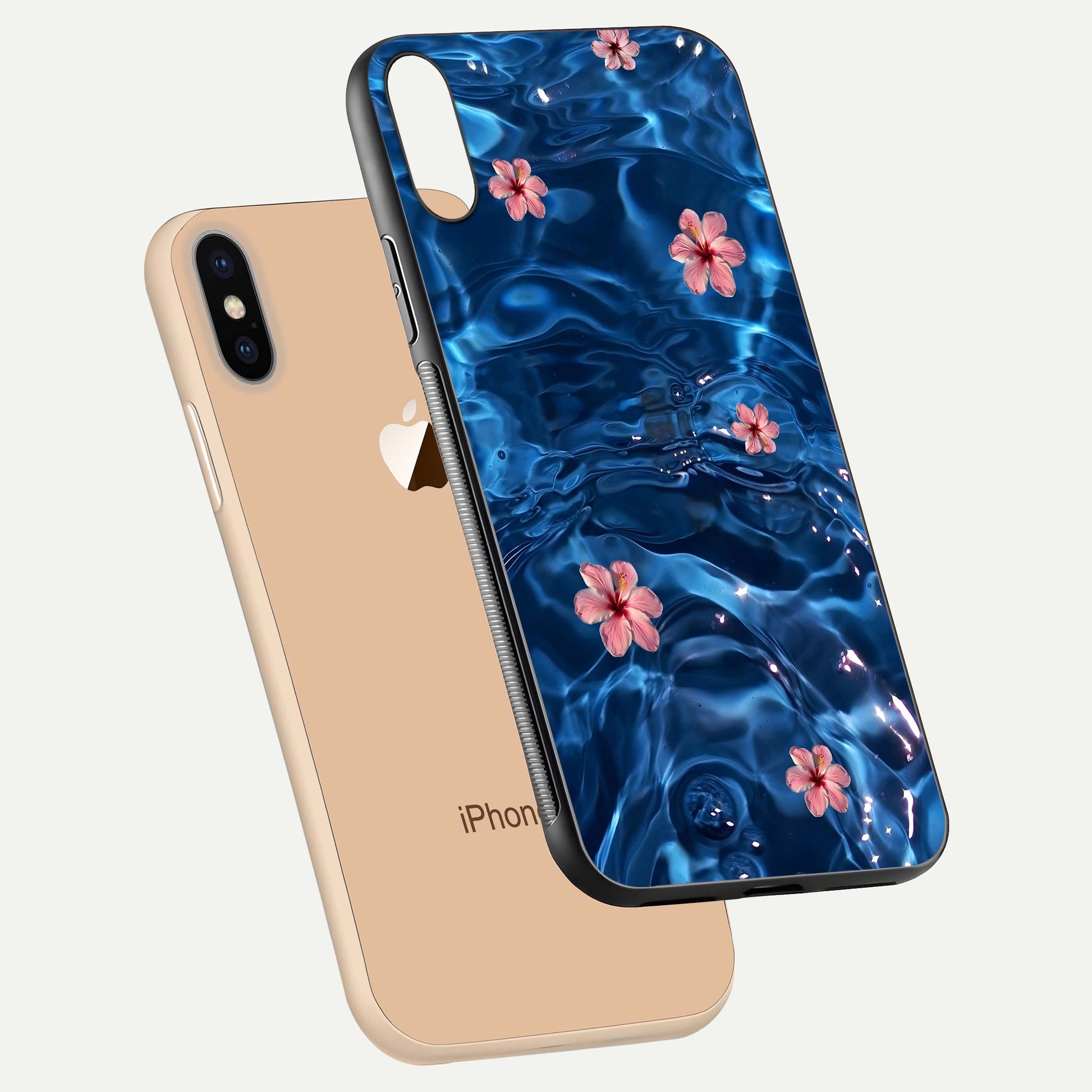 Blooming Water Drift Glass Case for iPhone Xs floating dual-view mockup showing floral drift pattern and reflective surface