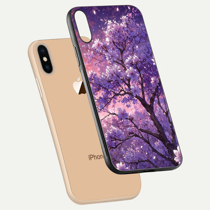 Blossom Tree Glass Case for iPhone Xs floating dual-mockup displaying texture detail and curved edges