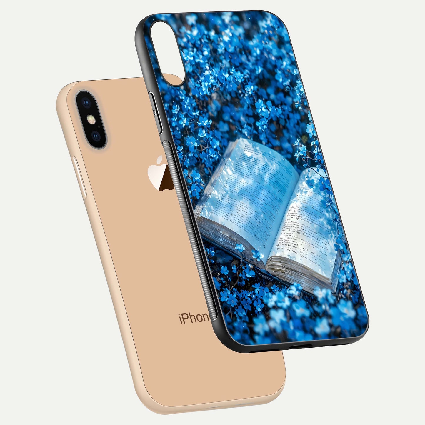 Blue Bloom Tales Glass Case for iPhone Xs floating mockup showing detailed bloom and reflective surface
