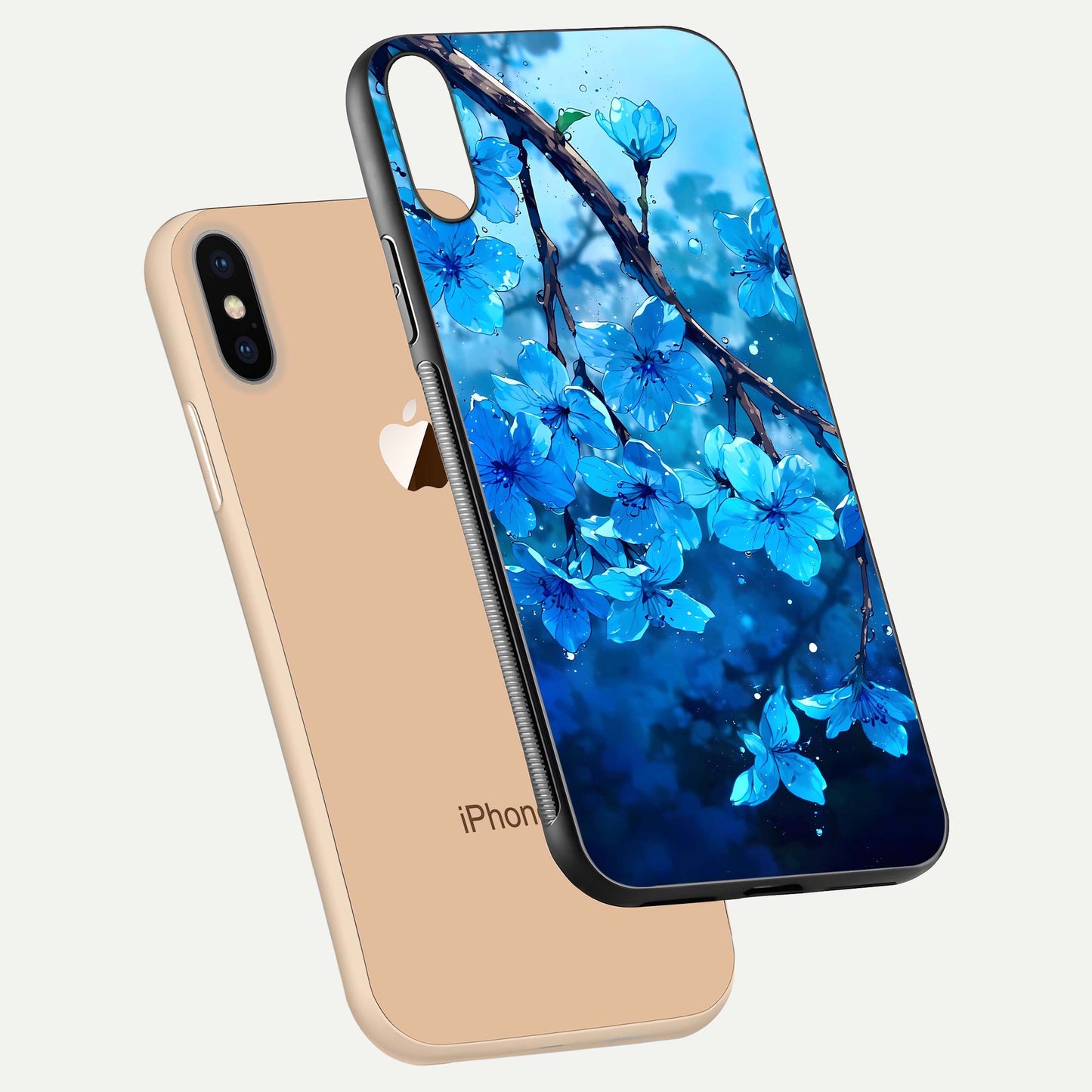 Blue Blossoms Branch Glass Case for iPhone Xs floating mockup showing shine, curved edges, and branch detailing
