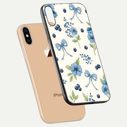 Blue Flower & Bow Glass Case for iPhone Xs floating mockup capturing gloss reflection and girly aesthetic