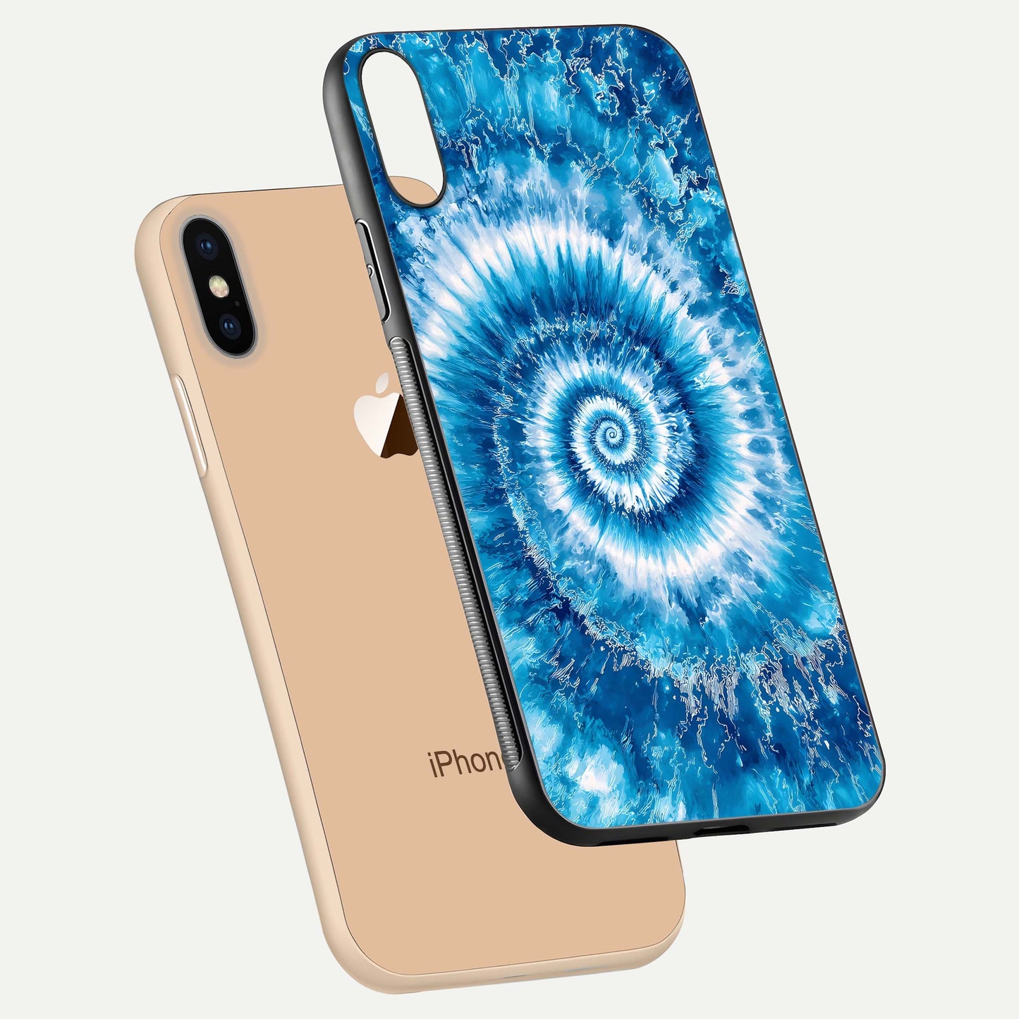 Blue Galaxy Wave Glass Case for iPhone Xs floating mockup revealing cosmic depth and curved-edge texture