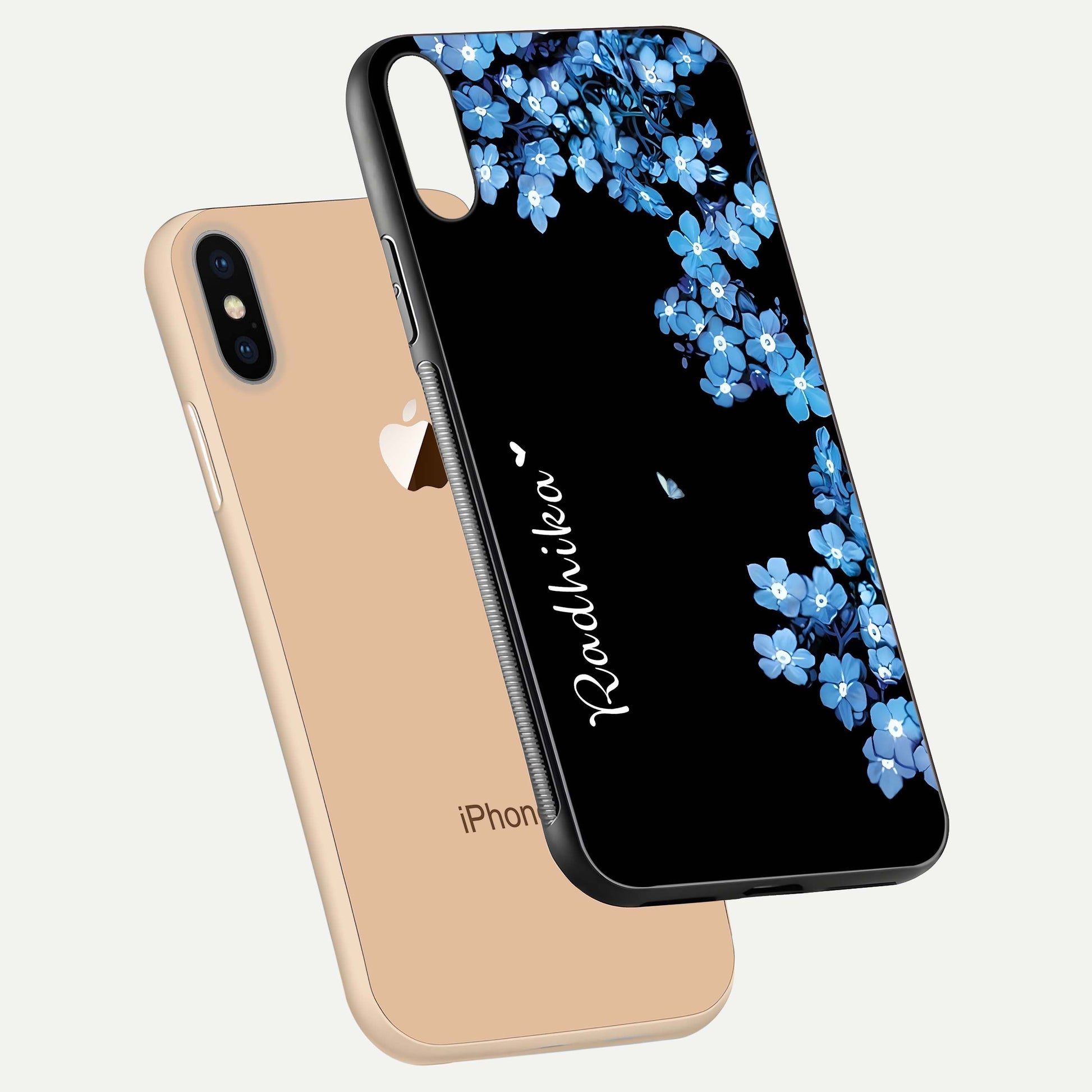 Blue Petal Dream Custom Name Glass Case for iPhone Xs floating mockup capturing floral tones and glass shine