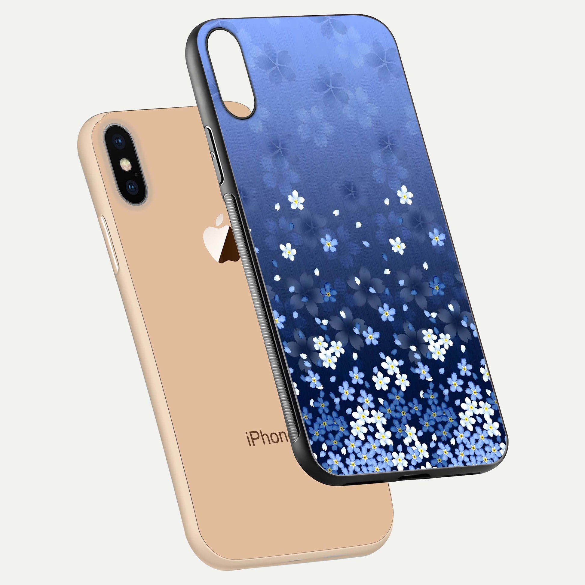 Blue Starry Glass Case for iPhone Xs floating mockup capturing cosmic tone and HD gloss texture