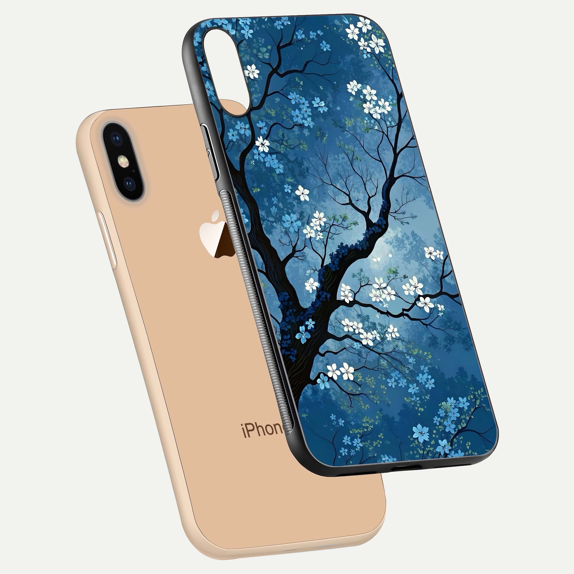 Blue Tree Serenity Glass Case for iPhone Xs floating mockup displaying serene tones and HD glass polish