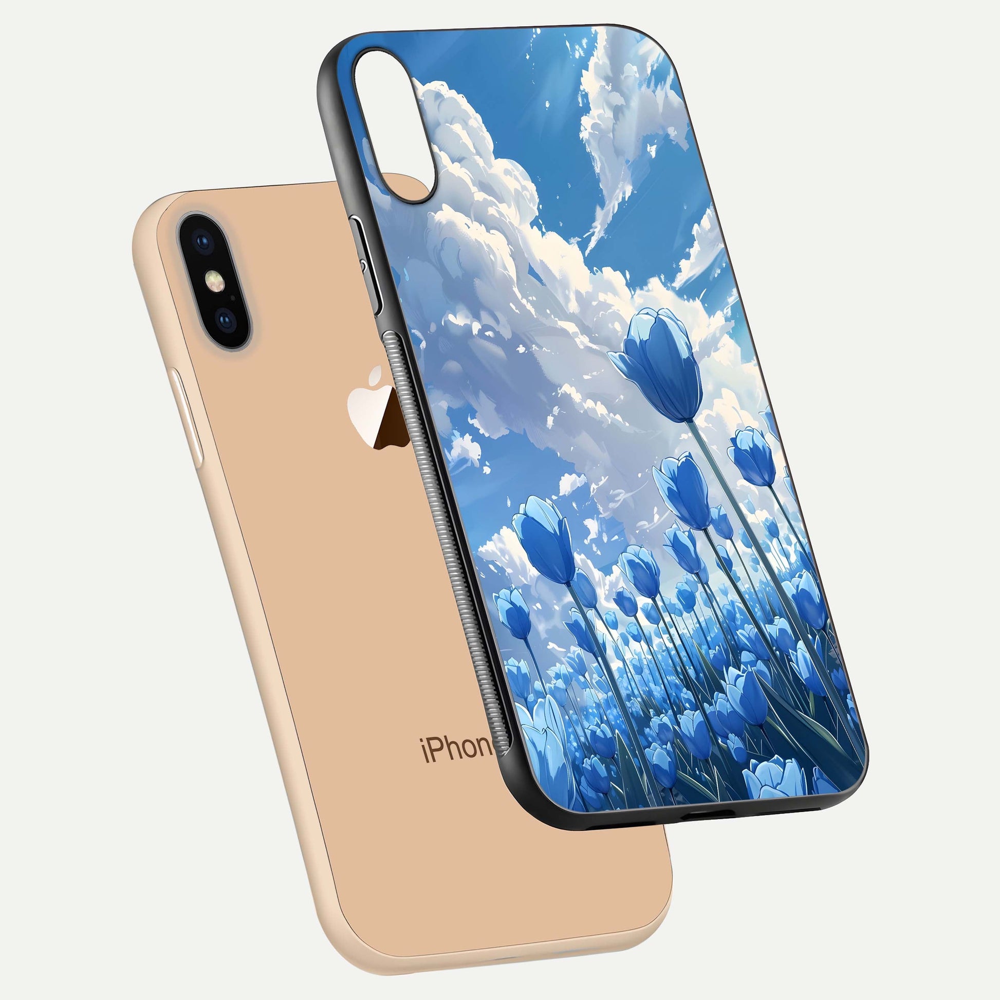 Blue Tulip Clouds Glass Case for iPhone Xs floating mockup displaying tulip-cloud fusion art and smooth glass gloss