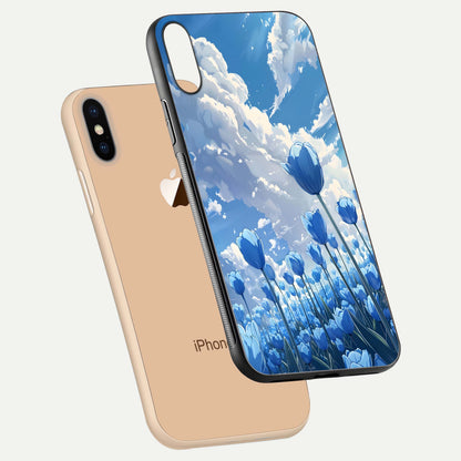 Blue Tulip Clouds Glass Case for iPhone Xs floating mockup displaying tulip-cloud fusion art and smooth glass gloss
