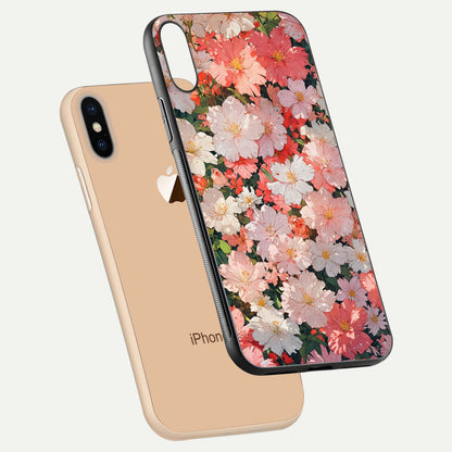 Blush Bloom Field Glass Case for iPhone Xs floating mockup highlighting floral spread and edge reflection