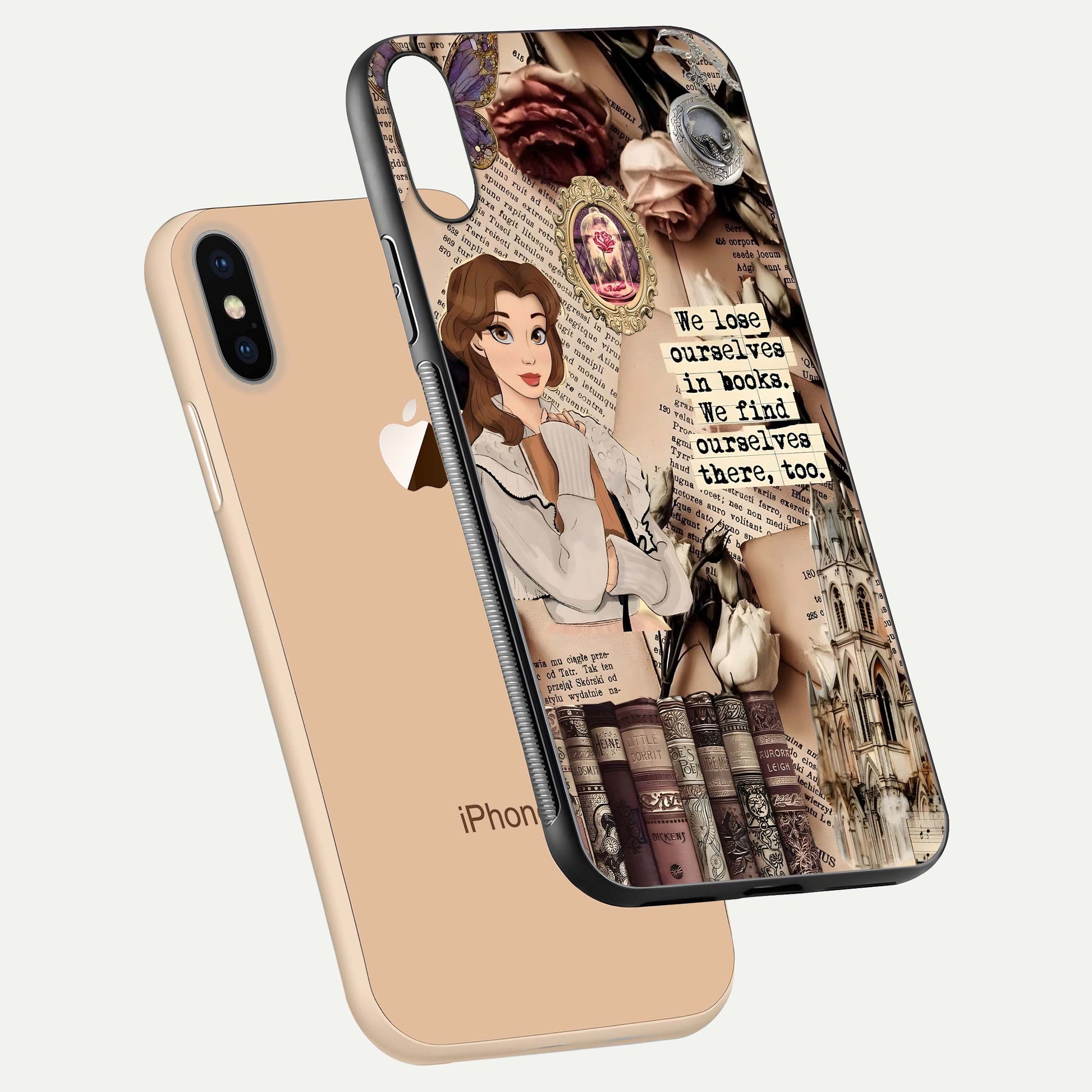 Bookish Dream World Glass Case for iPhone Xs floating mockup capturing gloss shine and artistic balance