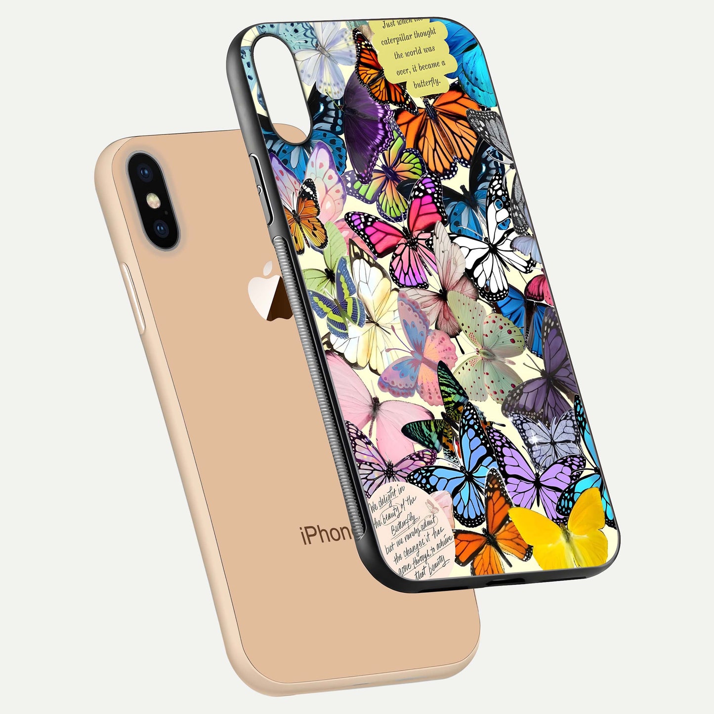 Butterflies Petal Dream Glass Case for iPhone Xs floating mockup displaying detailed print and premium glass glow