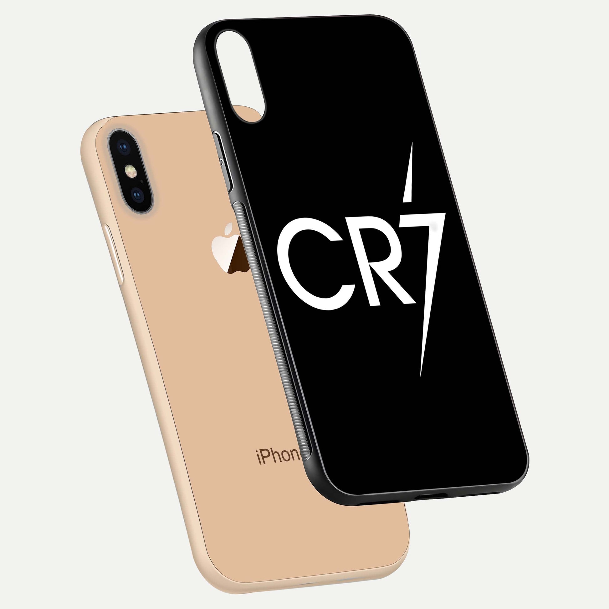 CR7 Elite Strike Glass Case for iPhone Xs floating mockup displaying HD gloss and sporty texture