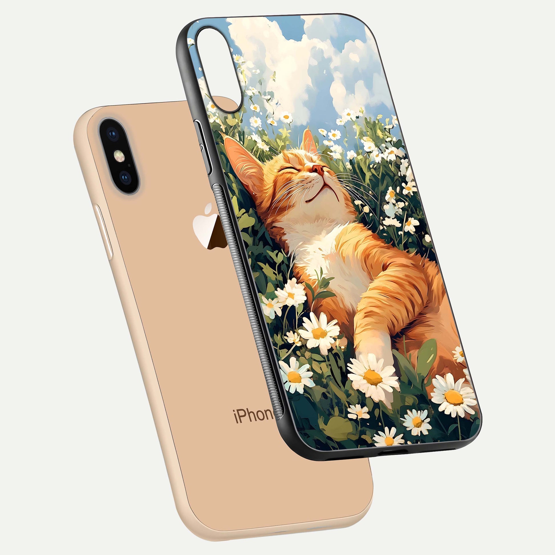 Cat & Flowers View Glass Case for iPhone Xs floating mockup showing design reflection and protective edges