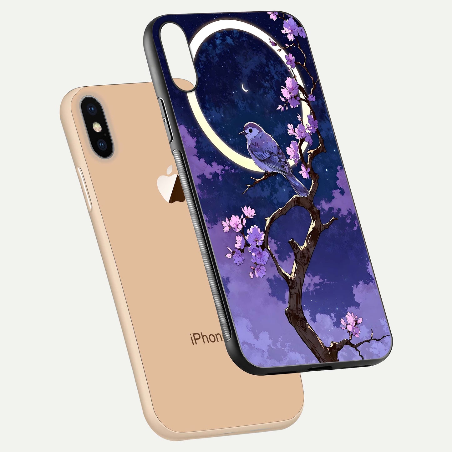 Celestial Bird Blossom Glass Case for iPhone Xs floating mockup showing cosmic floral tones and HD gloss