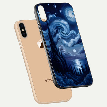 Celestial Dream Van Gogh Glass Case for iPhone Xs floating mockup highlighting cosmic tones and smooth gloss