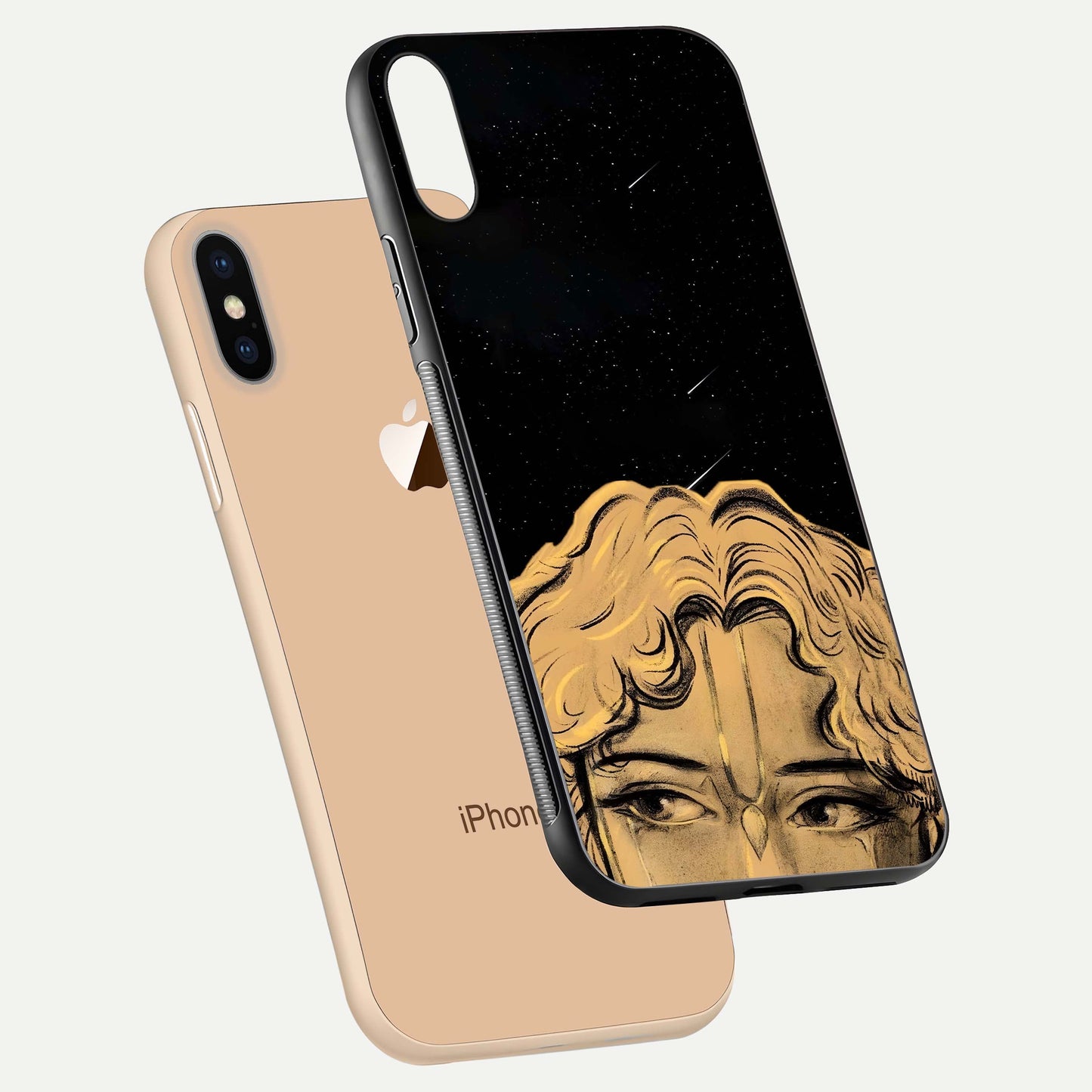Celestial God’s Plan Glass Case for iPhone Xs floating dual-view mockup displaying gloss surface and vivid print
