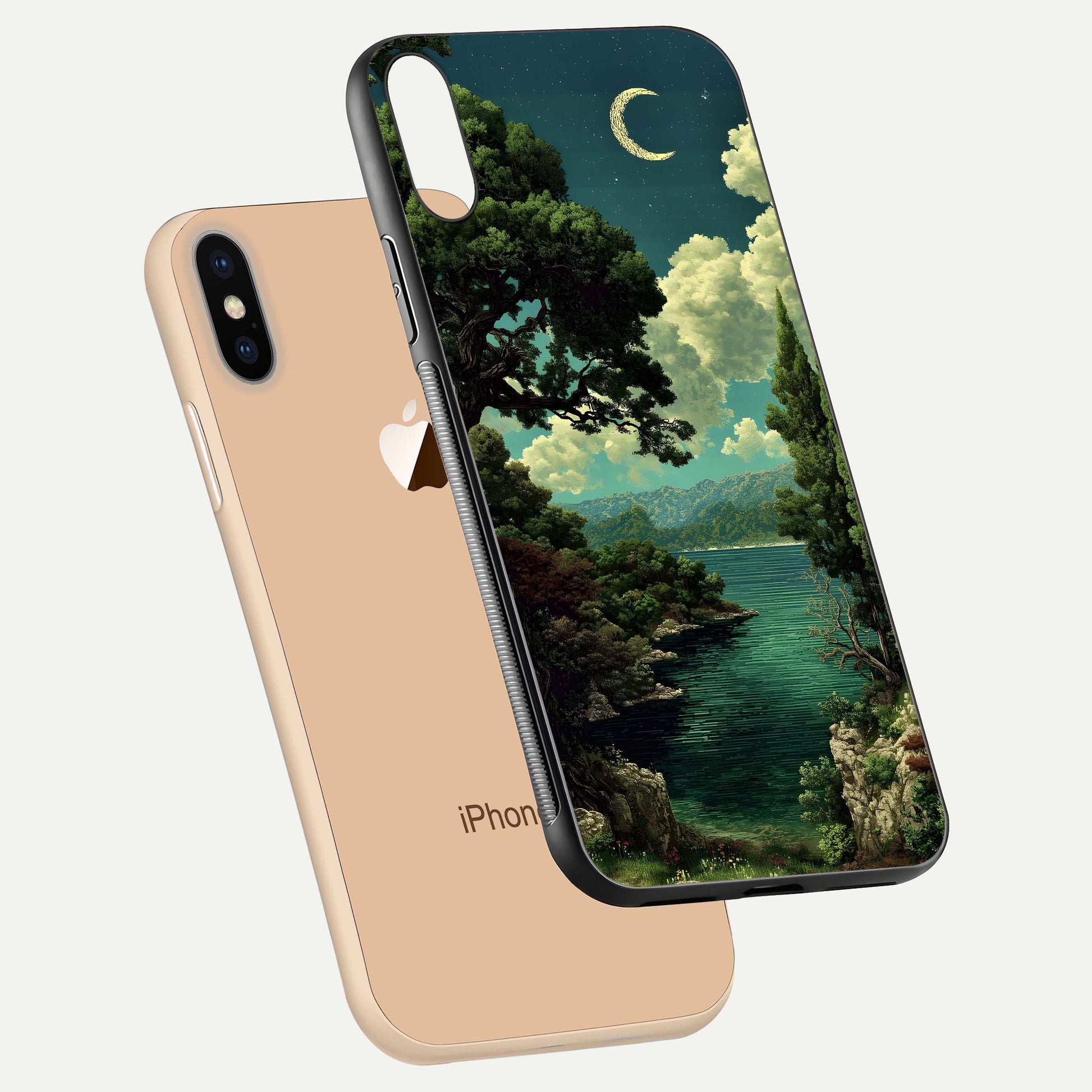 Celestial Lake Peace Glass Case for iPhone Xs floating mockup capturing calm tones and smooth polish