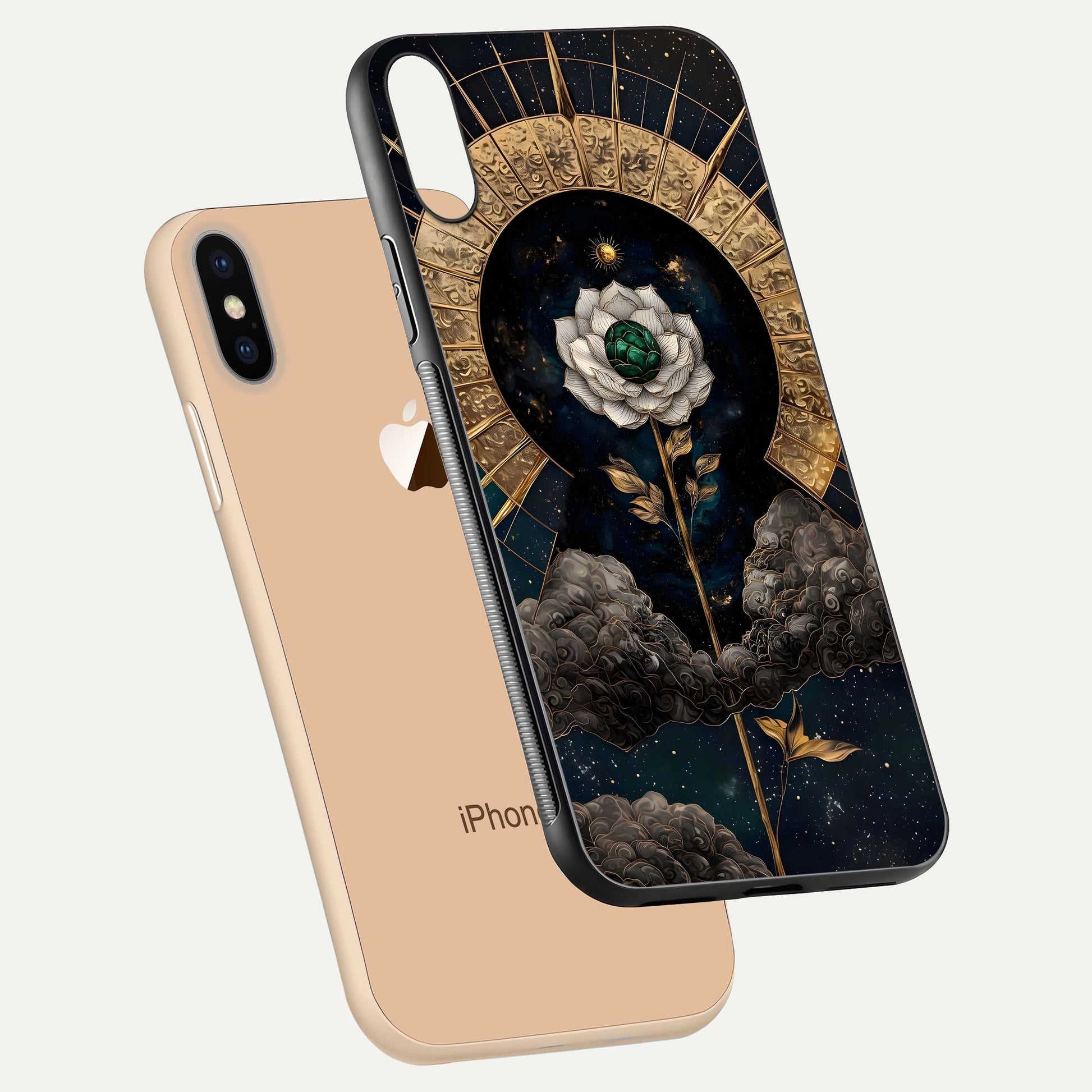 Celestial Lotus Morang Glass Case for iPhone Xs floating mockup showing gloss depth and cosmic lotus glow