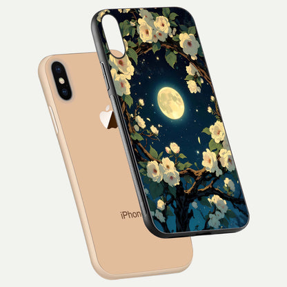 Celestial Moon & Flower Glass Case for iPhone Xs floating mockup emphasizing HD shine and delicate texture