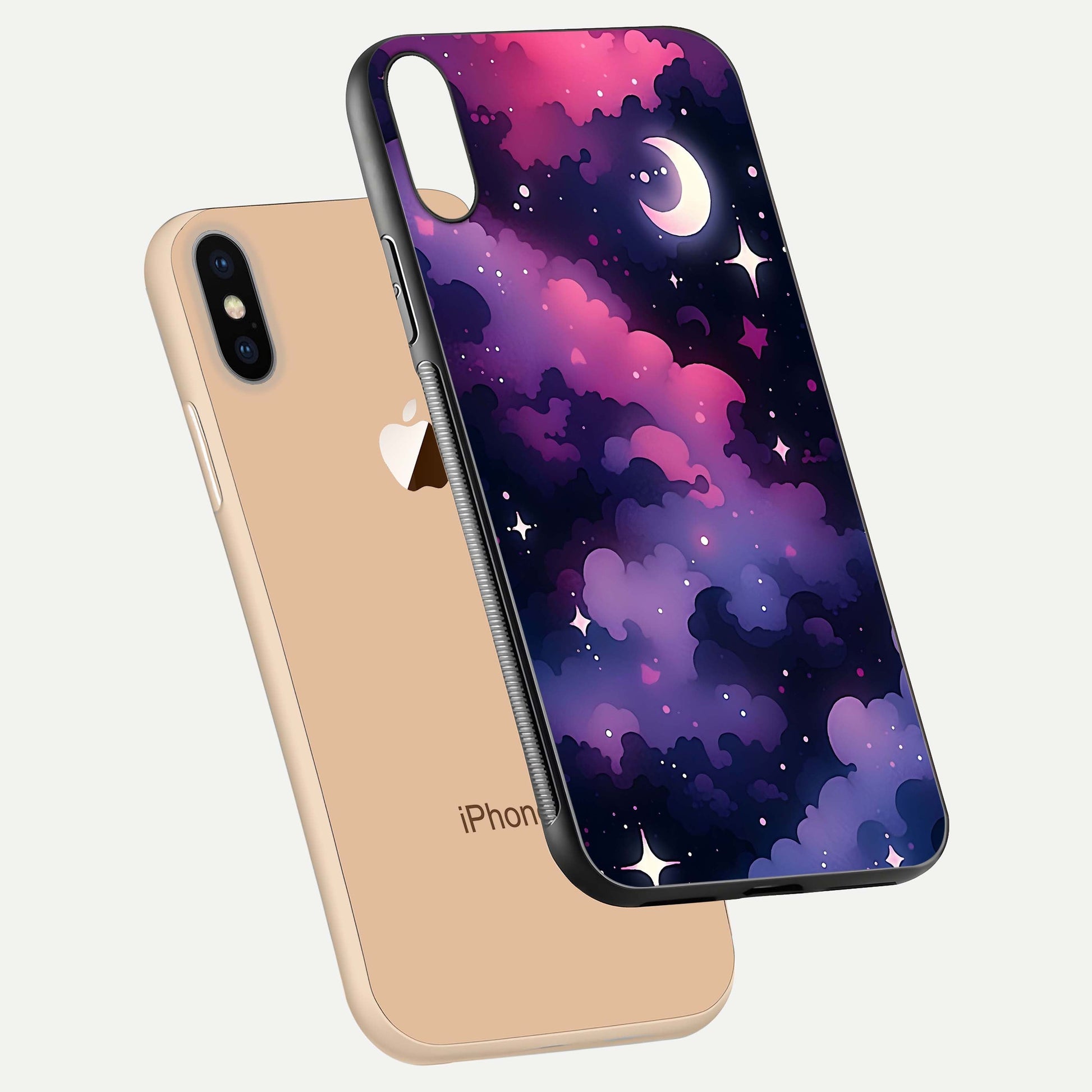Celestial Moon Magic Glass Case for iPhone Xs floating mockup showing reflection gradient and smooth polish
