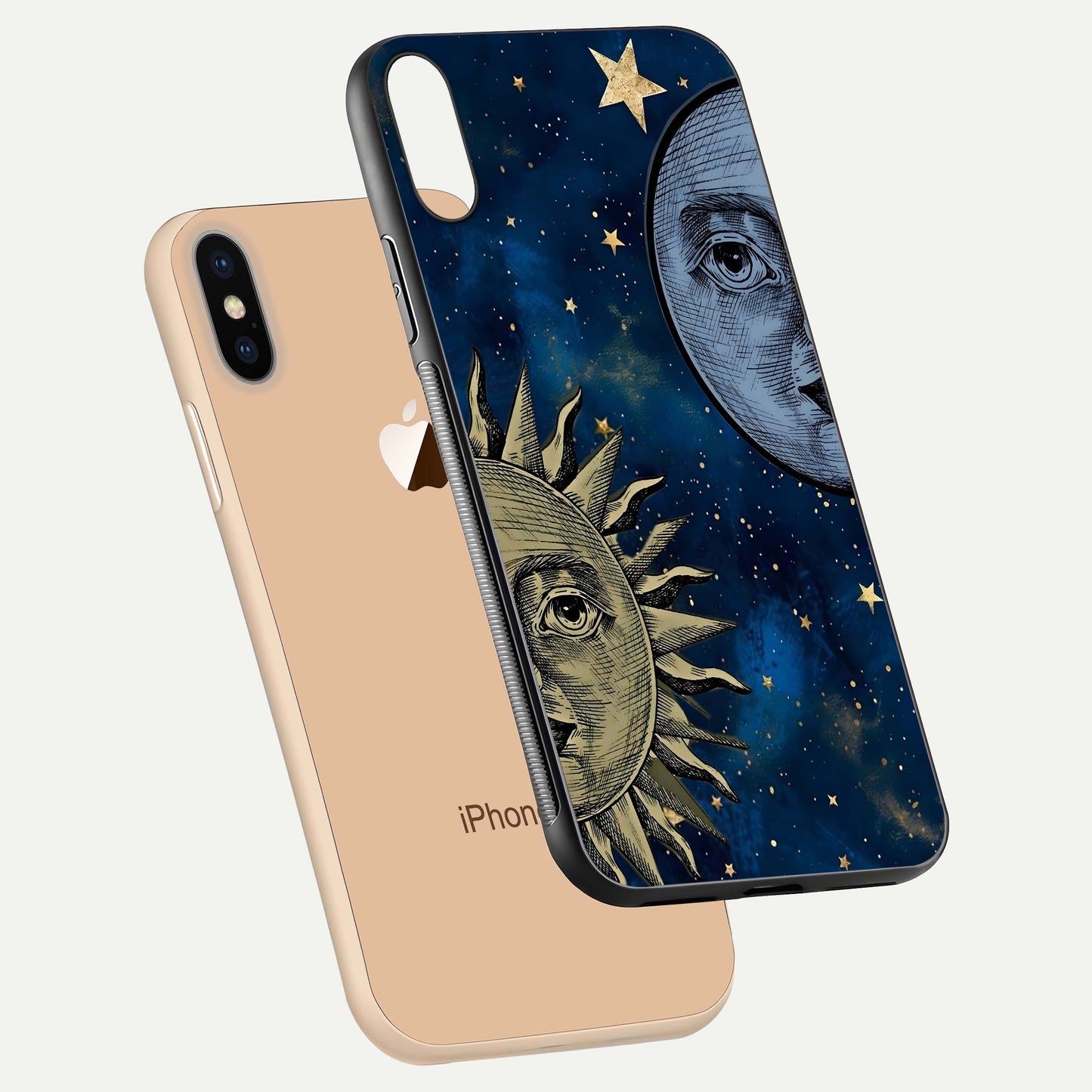 Celestial Moon With Sun Glass Case for iPhone Xs floating mockup displaying vibrant contrast and HD gloss
