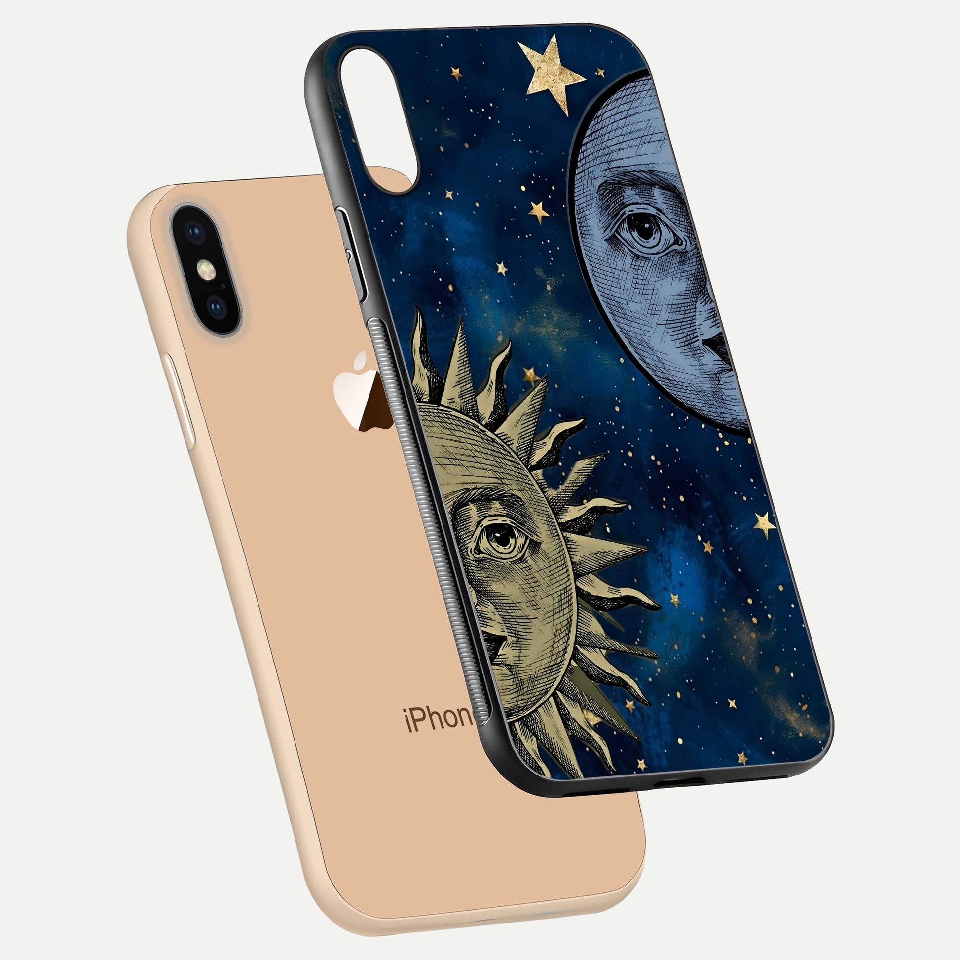 Celestial Moon With Sun Glass Case for iPhone Xs floating mockup displaying vibrant contrast and HD gloss