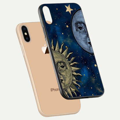Celestial Moon With Sun Glass Case for iPhone Xs floating mockup displaying vibrant contrast and HD gloss