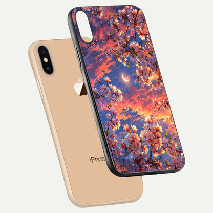 Celestial Sakura Sunset Glass Case for iPhone Xs floating mockup capturing sunset hue and smooth gloss