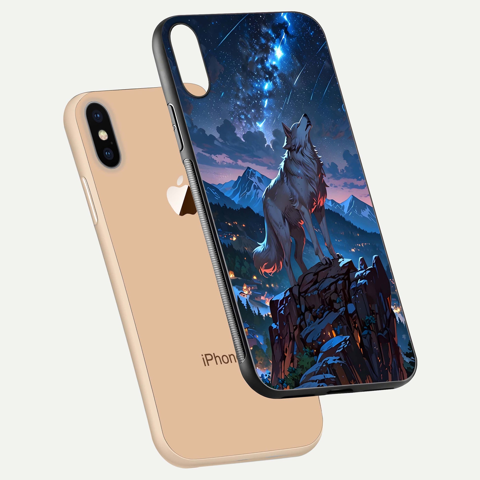 Celestial Wolf Howl Glass Case for iPhone Xs floating mockup capturing reflection depth and silver gloss