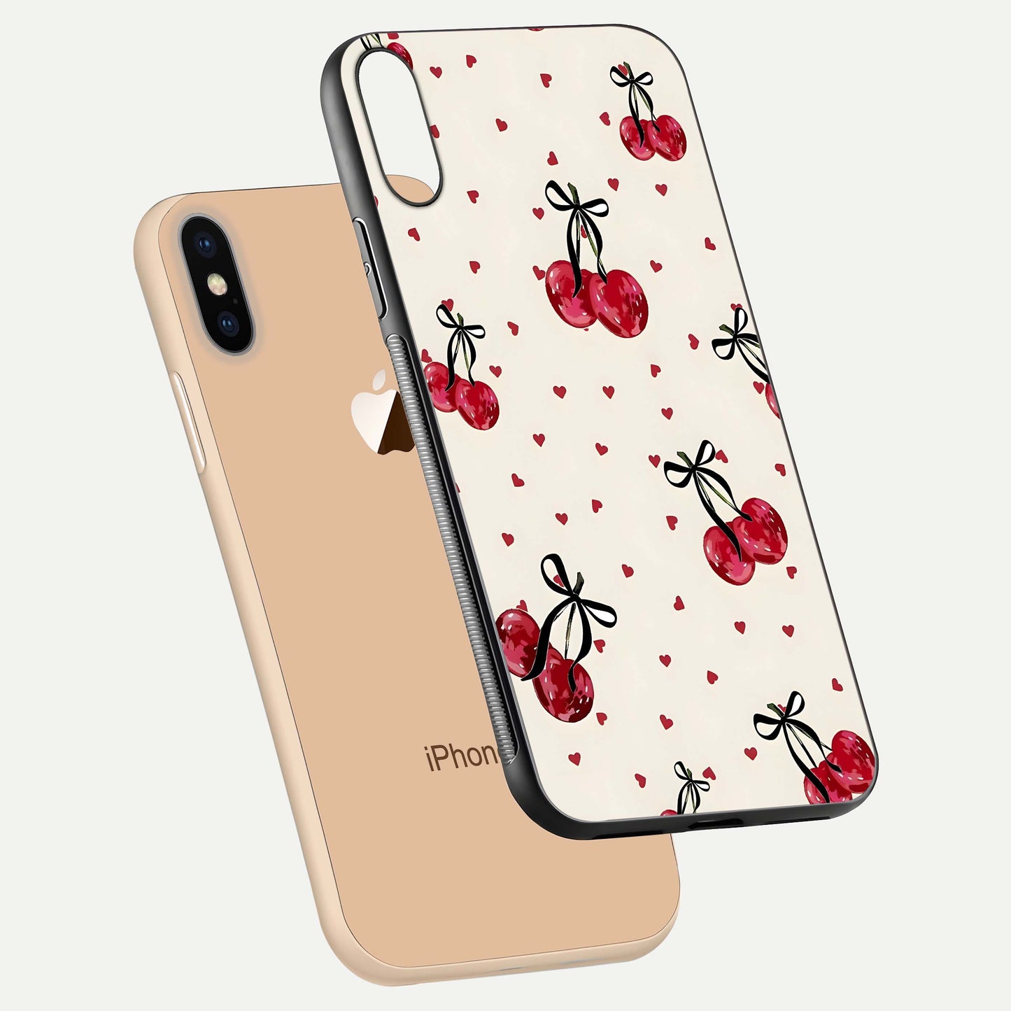 Cherry Heart Bow Glass Case for iPhone Xs floating mockup showing reflection and HD print detail