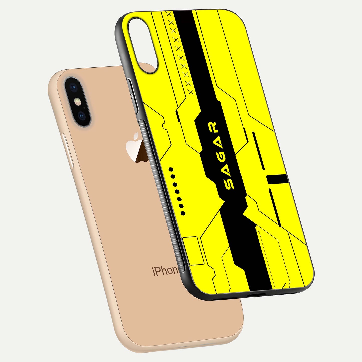 Circuit CYBERPUNK Custom Name Glass Case for iPhone Xs floating mockup capturing glow effects and polished shine