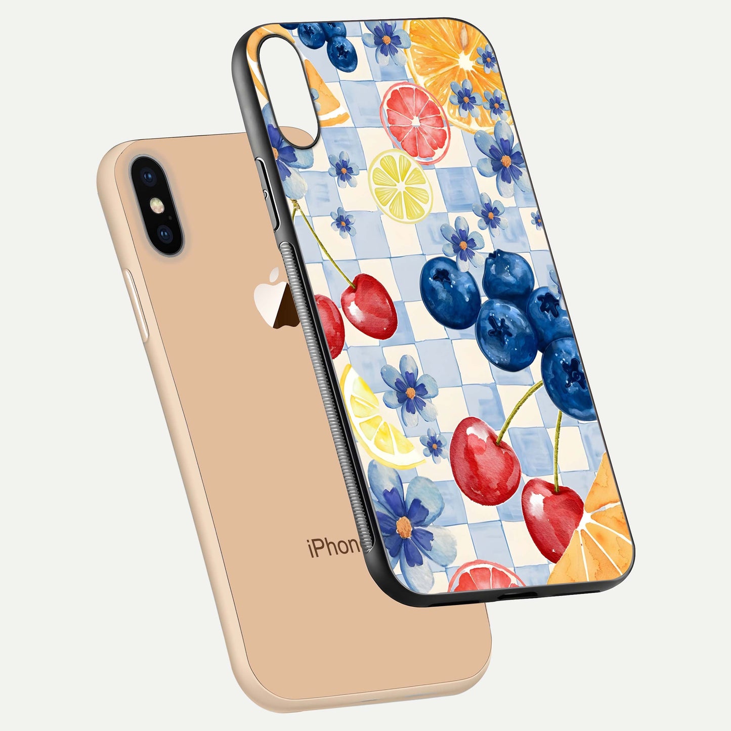 Citrus Bloom Joy Glass Case for iPhone Xs floating mockup showing HD gloss and lively tone