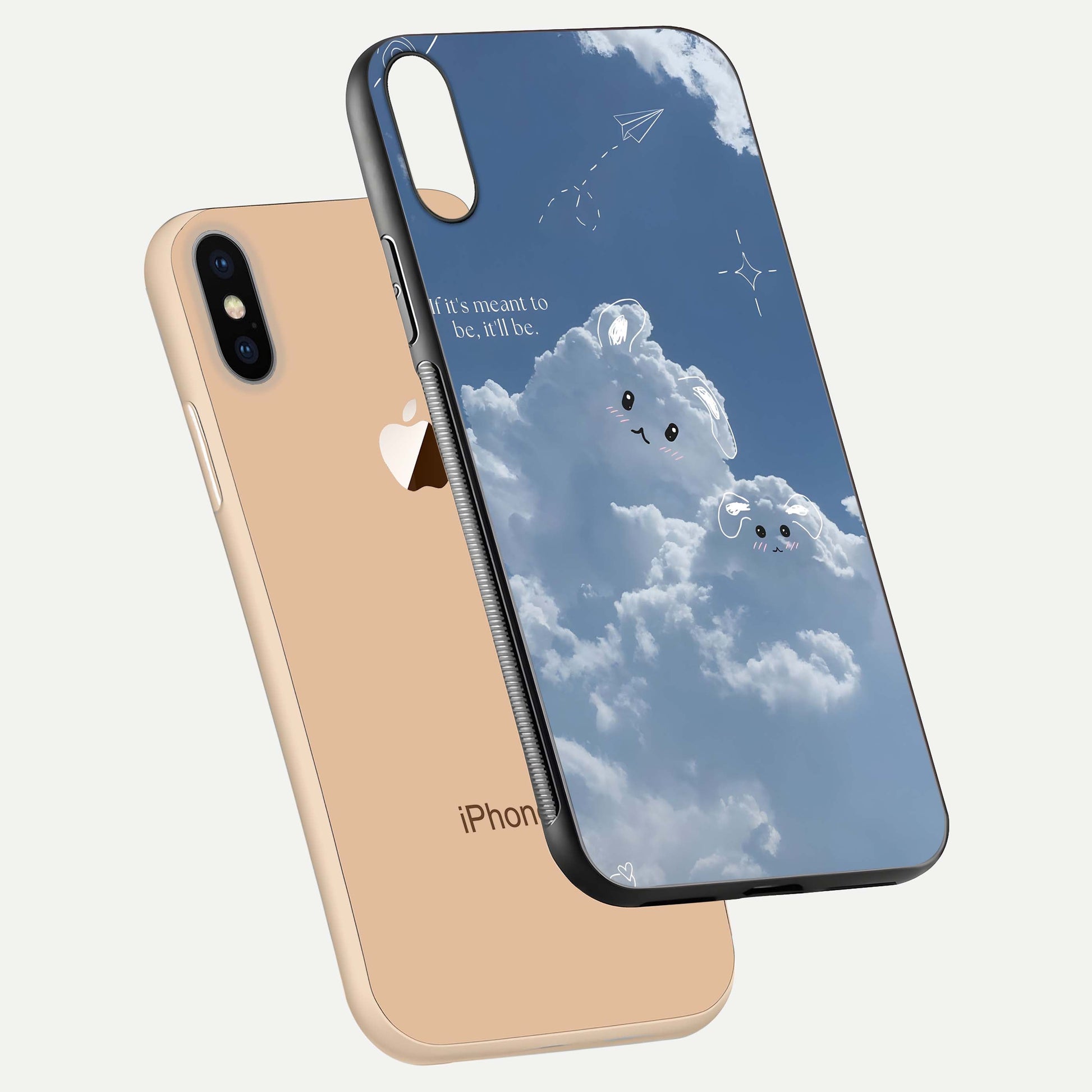Cloud Bunny Dreams Glass Case for iPhone Xs floating mockup showing soft gradient and gloss reflection