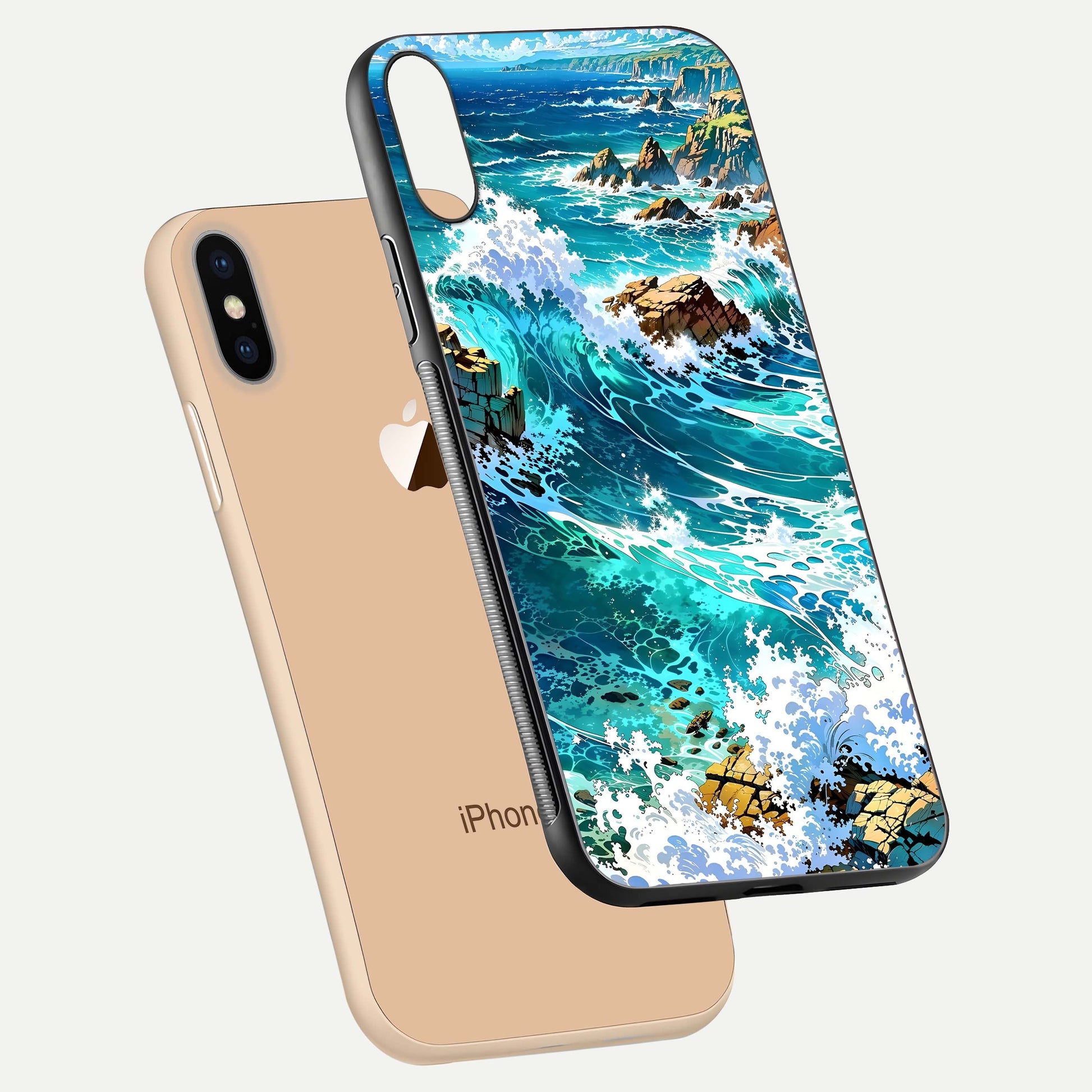 Coastal Blue Waves Glass Case for iPhone Xs floating mockup showing HD reflection and wave details