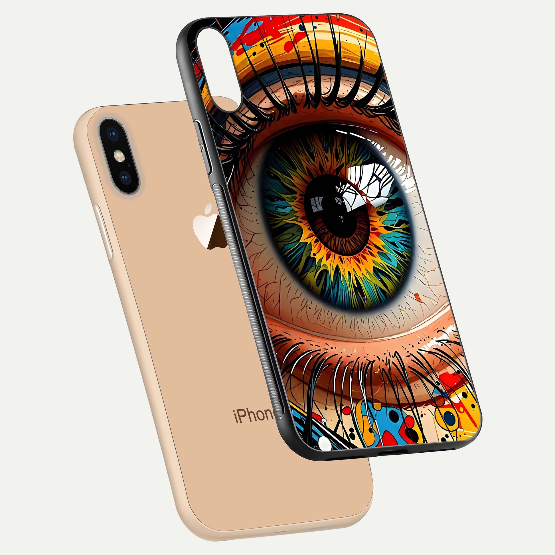 Colorful Eye Glass Case for iPhone Xs floating mockup showing bright contrast and gloss clarity