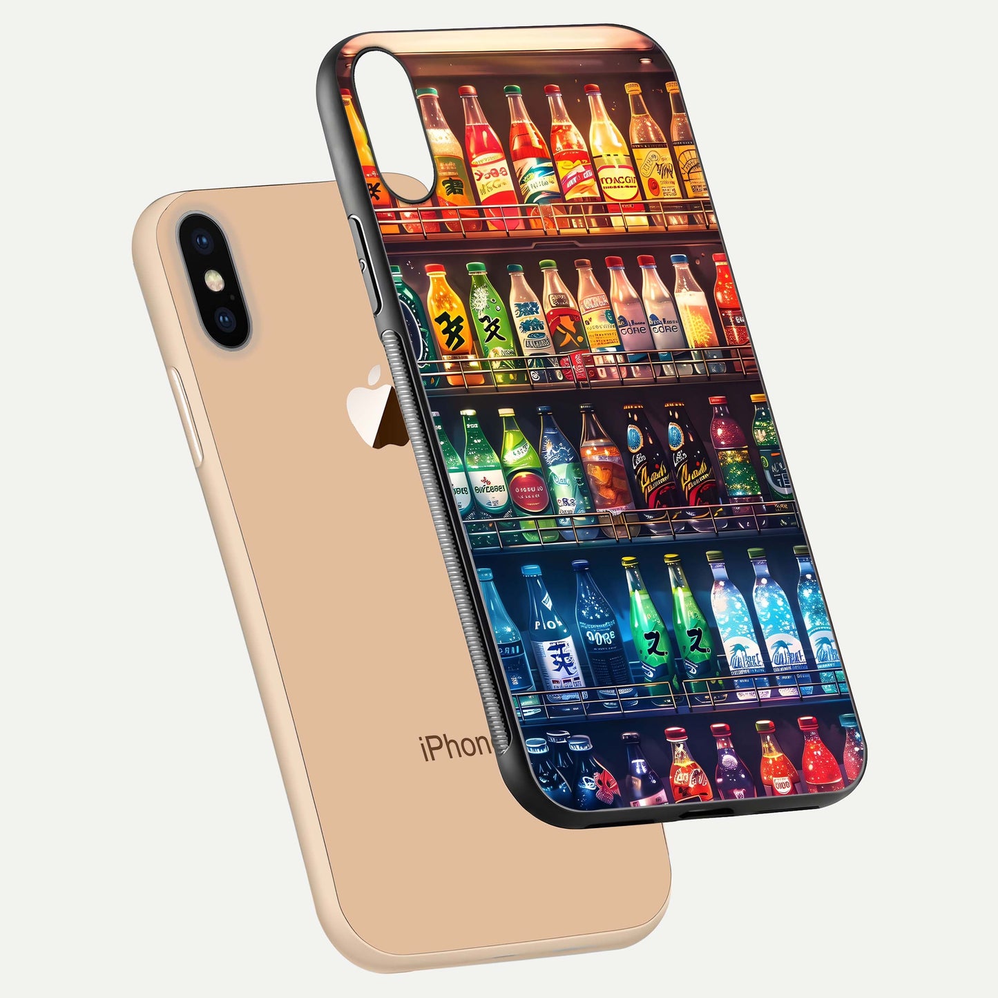 Colorful Soda Bottles Glass Case for iPhone Xs floating mockup showing light reflection and bright gloss