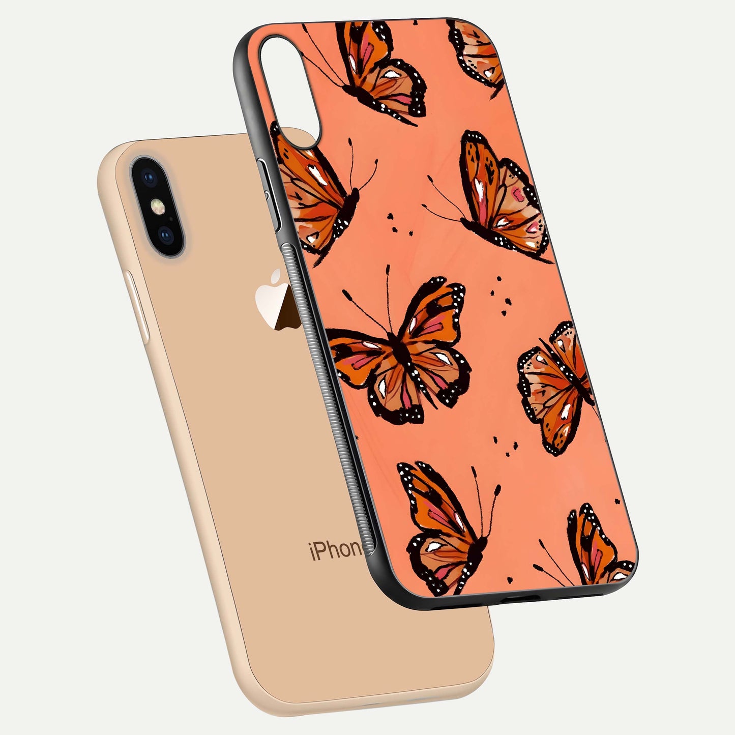 Coral Wing Butterfly Glass Case for iPhone Xs floating mockup showing HD gloss texture and vivid coral color