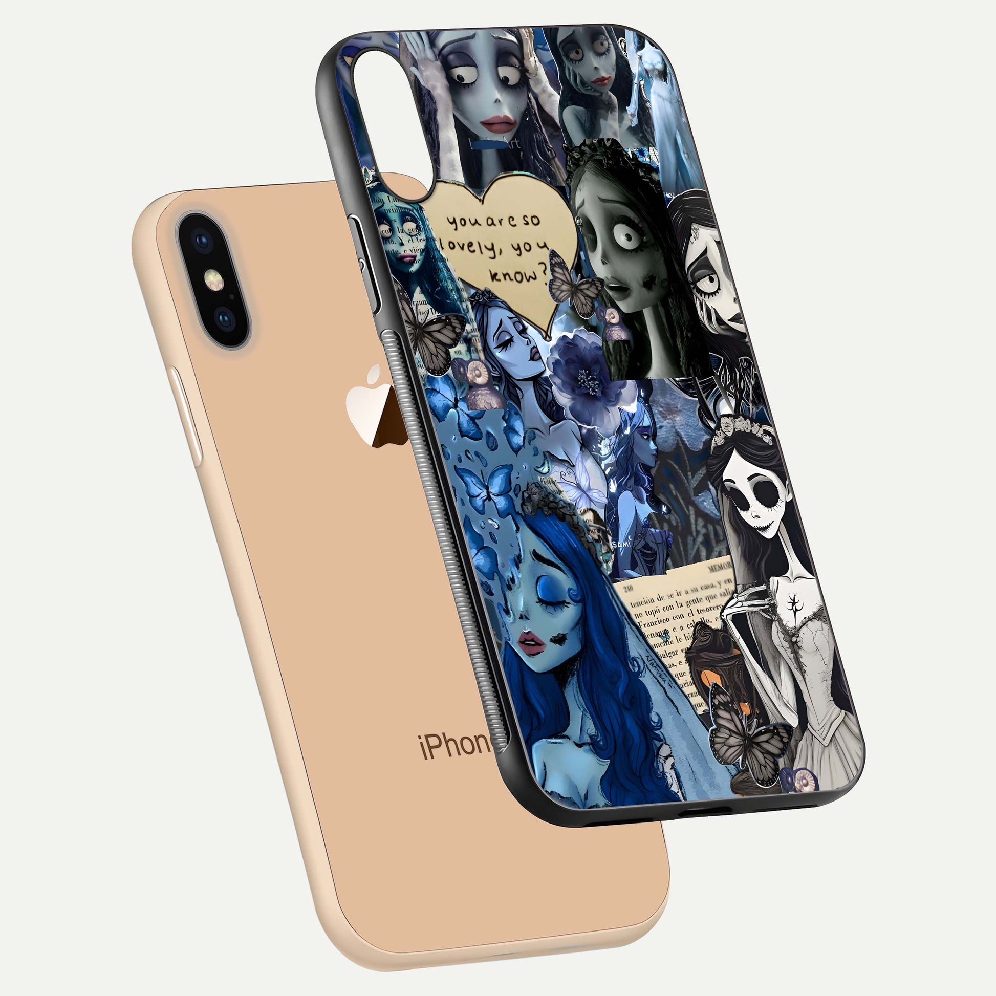 Corpse Bride Posters Glass Case for iPhone Xs floating mockup showing shine texture and clear design