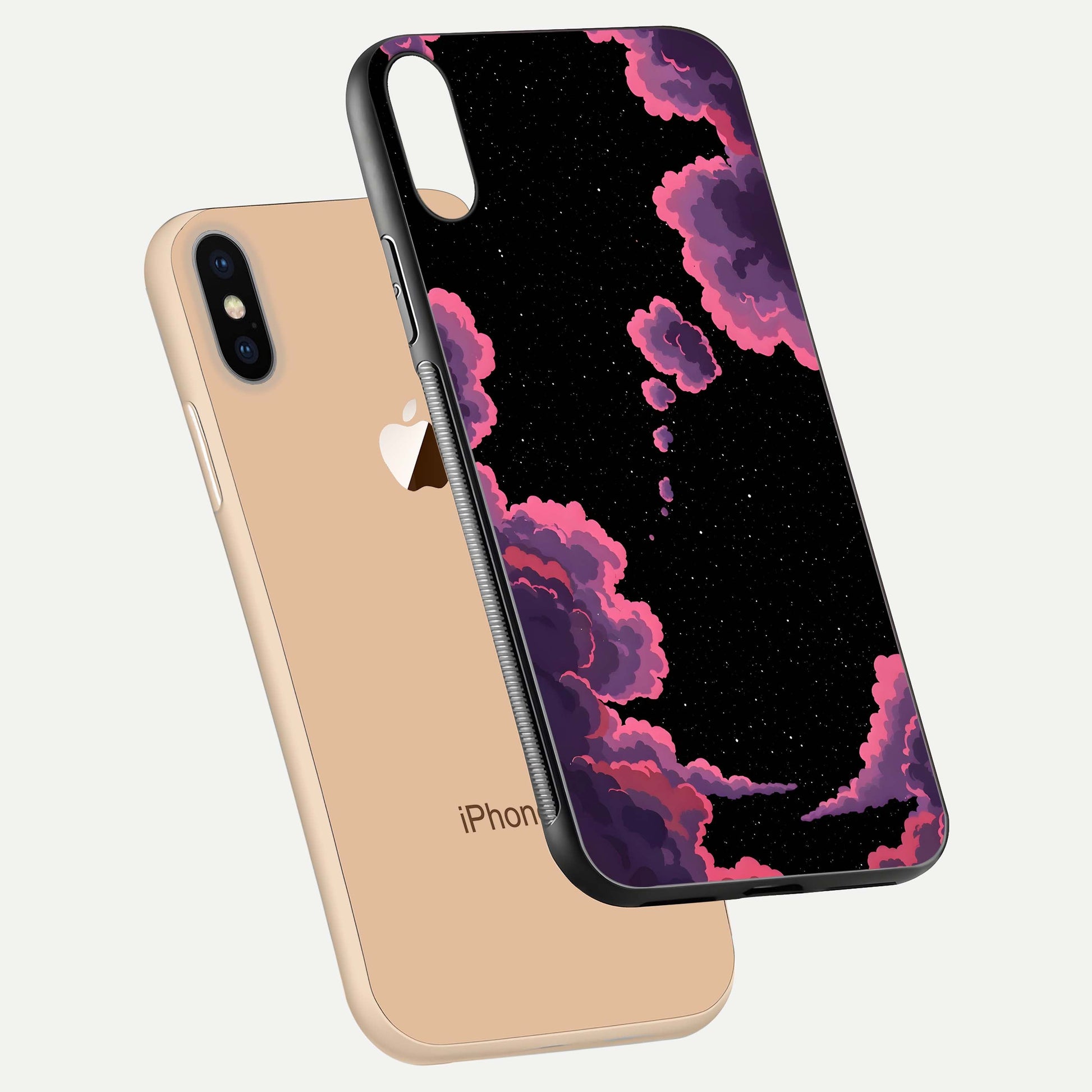 Cosmic Cloud Journey Glass Case for iPhone Xs floating mockup showing HD gloss and cosmic gradient