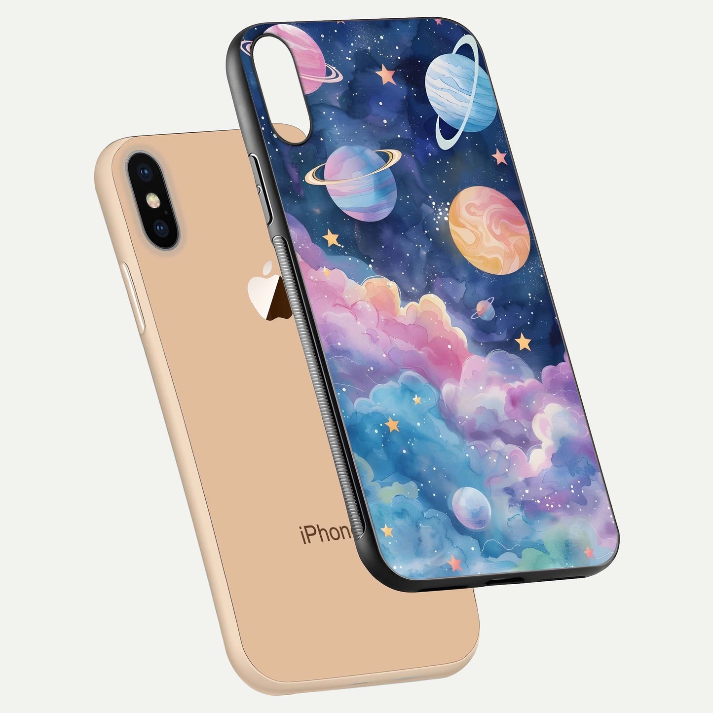 Cosmic Planet Dreams Glass Case for iPhone Xs floating mockup showing HD gloss and cosmic reflection