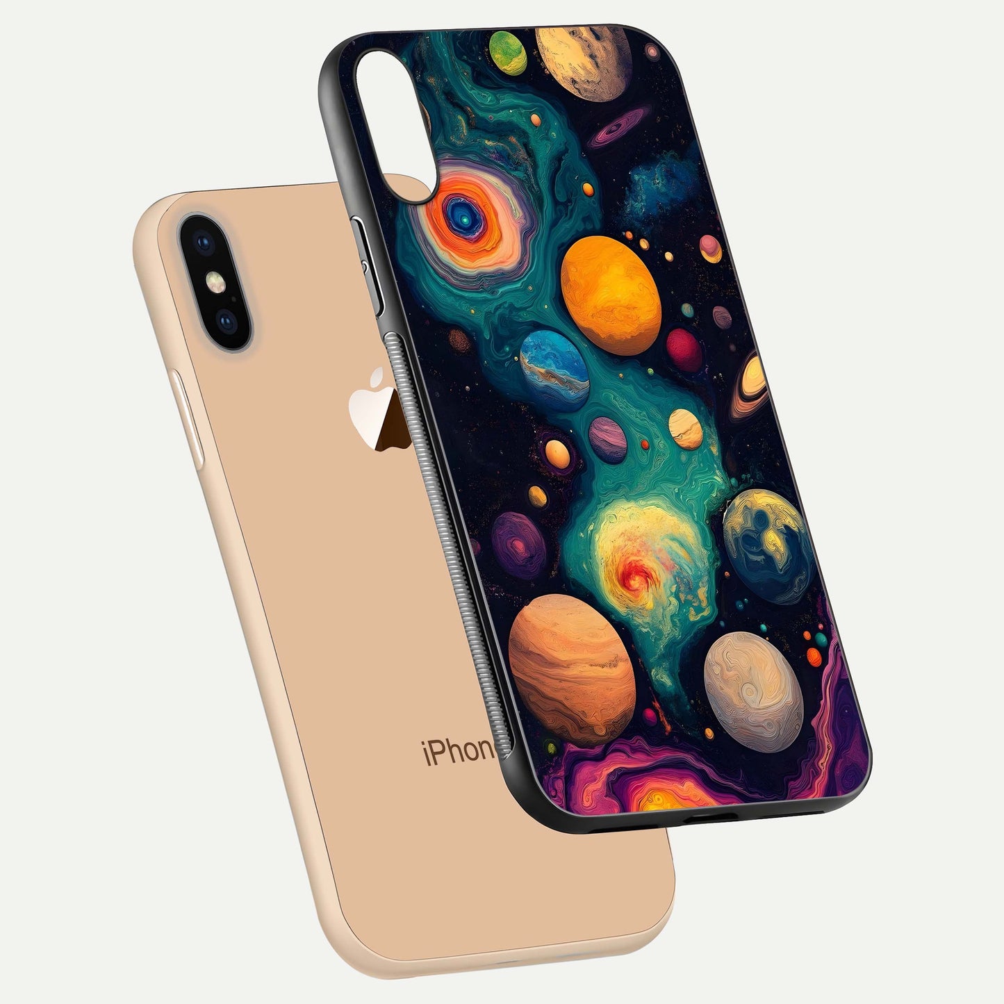 Cosmic Planet Journey Glass Case for iPhone Xs floating mockup showing gloss gradient and deep shine