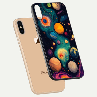 Cosmic Planet Journey Glass Case for iPhone Xs floating mockup showing gloss gradient and deep shine