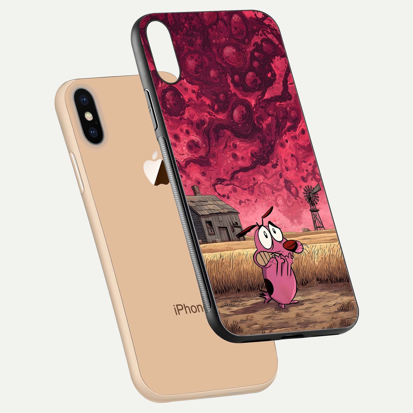 Courage Under Sky Glass Case for iPhone Xs floating mockup showing shine reflection and clean edges