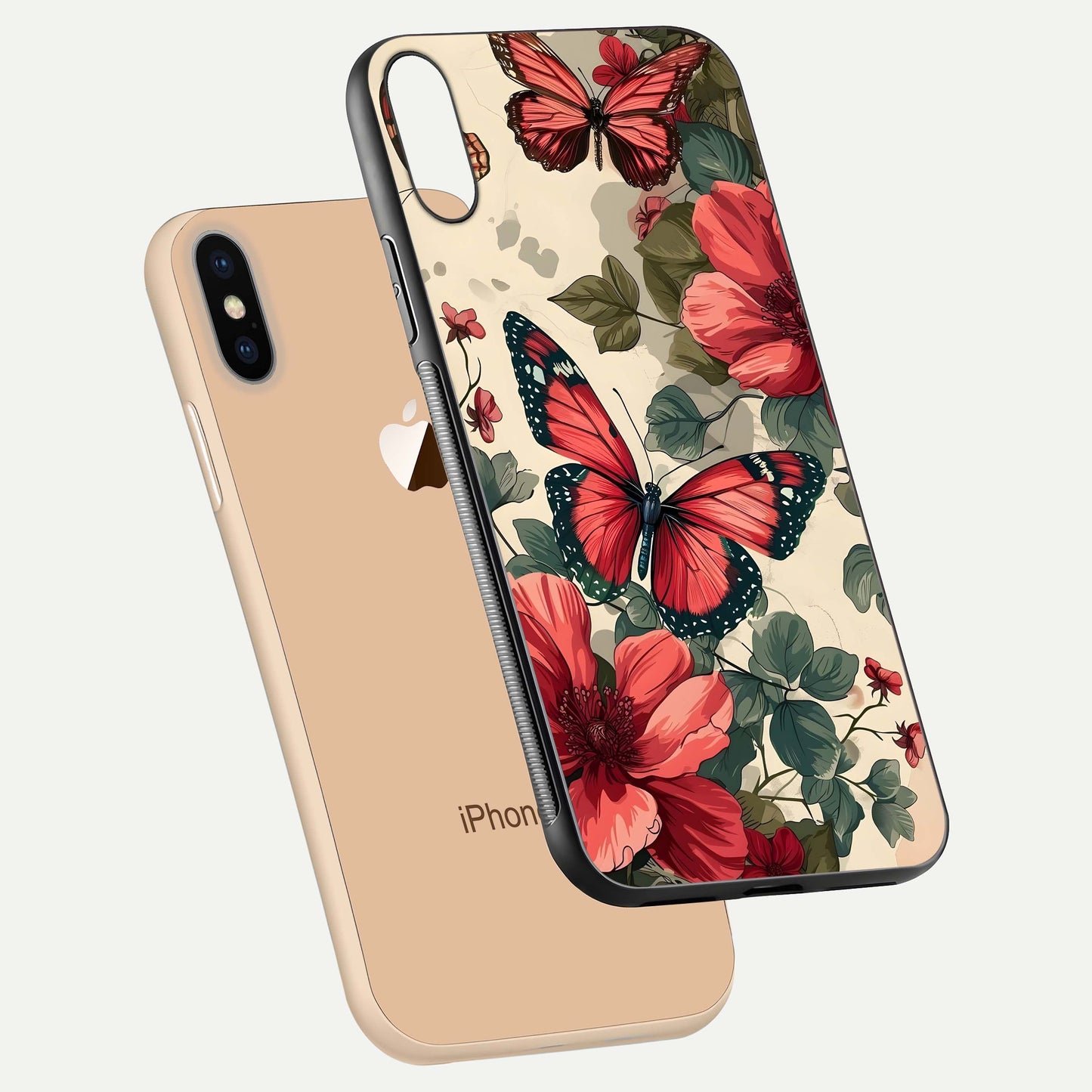 Crimson Butterfly Garden Glass Case for iPhone Xs floating mockup showing HD gloss and vivid art