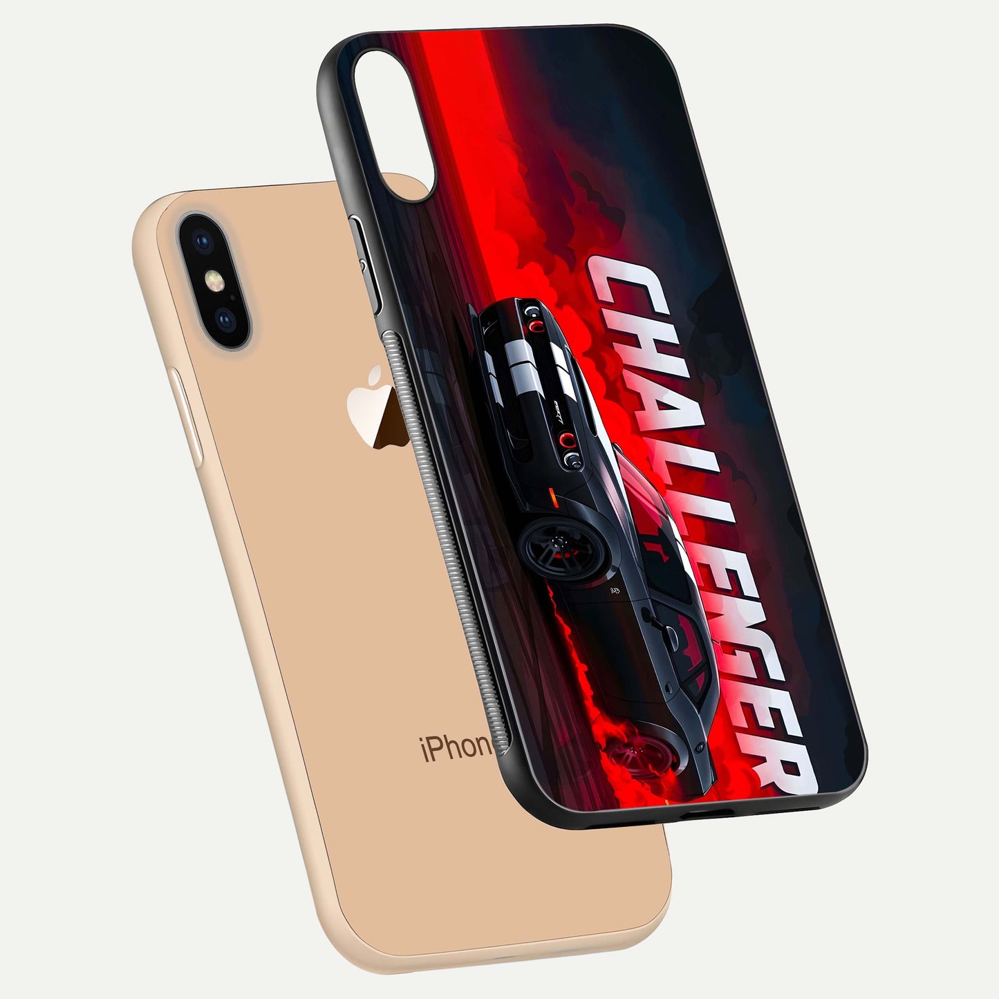 Crimson Challenger Fury Glass Case for iPhone Xs floating mockup showing HD gloss and sleek shine