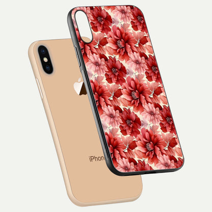 Crimson Love Petals Glass Case for iPhone Xs floating mockup showing HD gloss and vivid detail