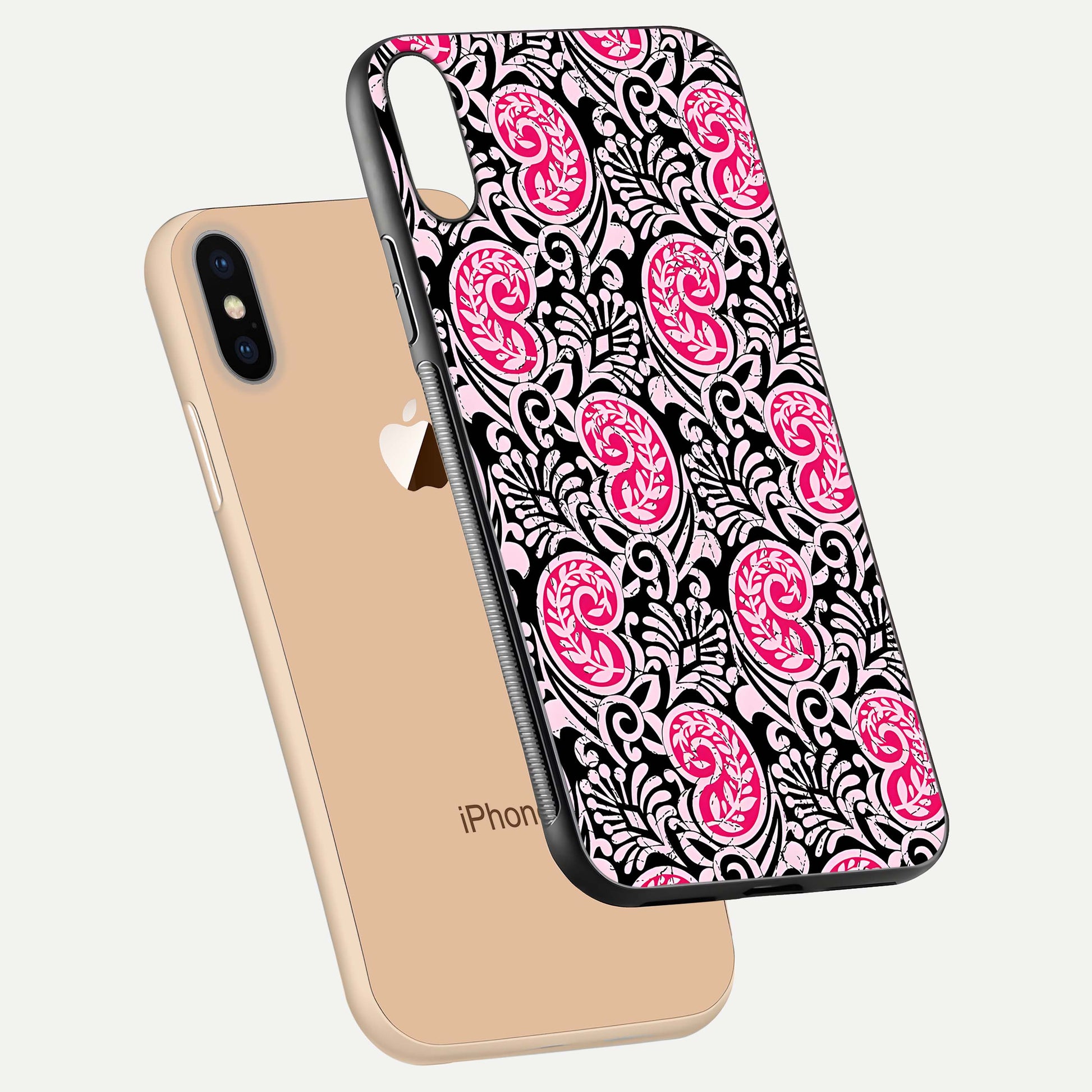 Crimson Paisley Charm Glass Case for iPhone Xs floating mockup showing gloss shine and texture clarity